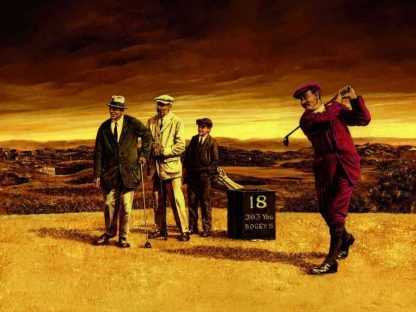 Vintage Golf Wallpaper is a mural of three golf players and a caddy on hole 18 of an old golf course from About Murals.