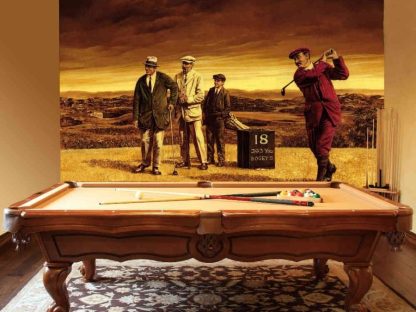 Vintage Golf Wallpaper, as seen on the wall of this billiard room, is a wall mural of three golfers and a caddy on the 18th hole of a golf course from About Murals.