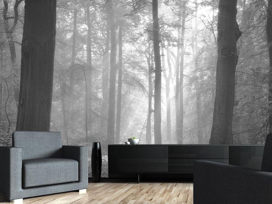 Black and White Woods Wallpaper, as seen on the wall of this living room, is a photo mural of sunbeams streaming through trees in a grey forest from About Murals.