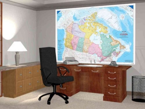 Canada Map Wallpaper, as seen on the wall of this office, is an atlas style mural with each of the Canadian provinces, major cities, oceans, lakes and bays from About Murals.