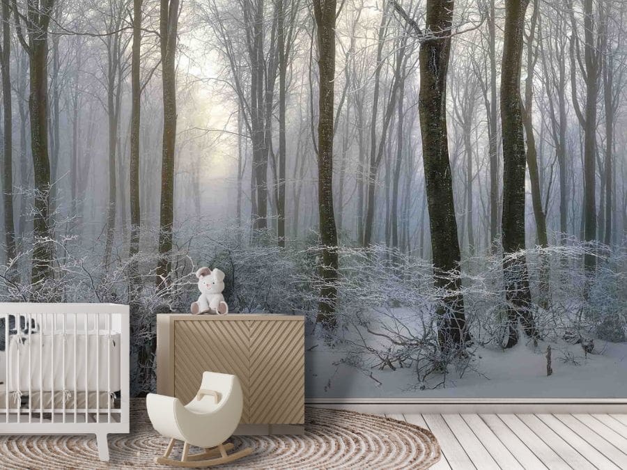 Dark Winter Forest Wallpaper, as seen on the wall of this nursery, is a photo mural of tall black trees covered in ice in a grey forest from About Murals.
