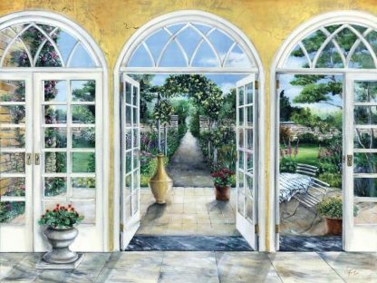 Garden View Wallpaper is a wall mural of doors and windows looking down the garden path from About Murals.