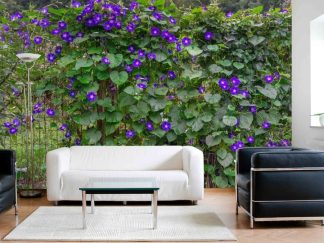 Morning Glory Wallpaper, as seen on the wall of this living room, is a photo mural of blue flowers climbing a garden fence from About Murals.