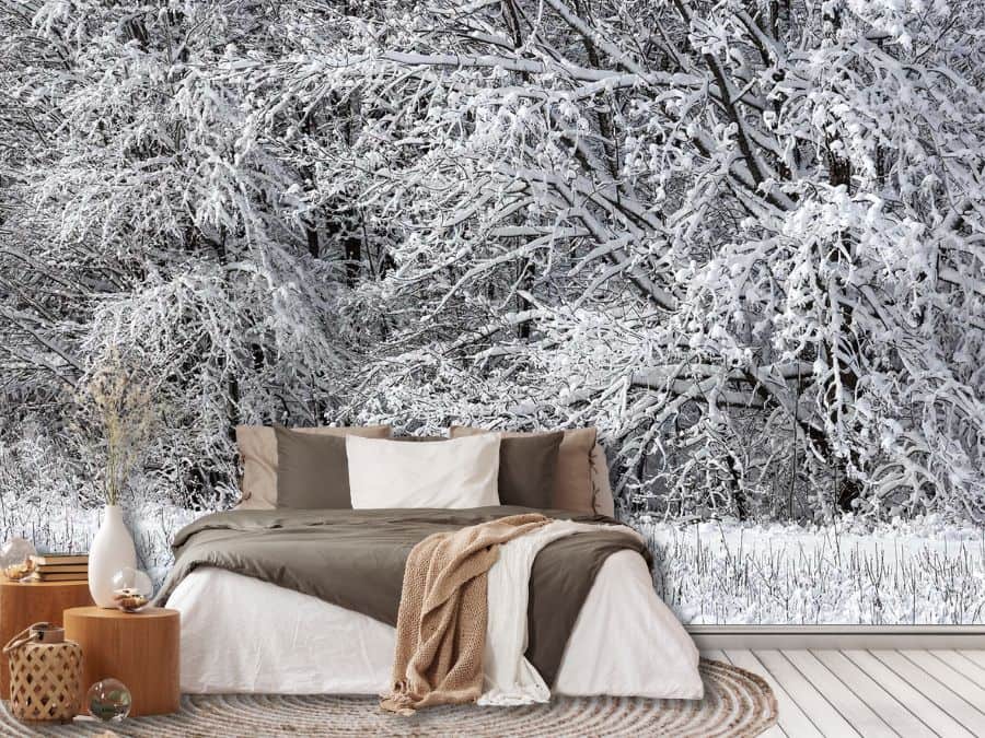 Snow Forest Wallpaper, as seen on the wall of this bedroom, is a photo mural of snow covered trees in a snowy winter field at Christmas from About Murals.