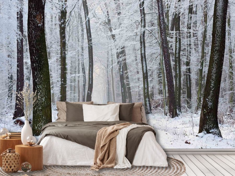 Winter Path Wallpaper, as seen on the wall of this bedroom, is a photo wall mural of black trees on a snowy day in nature from About Murals.