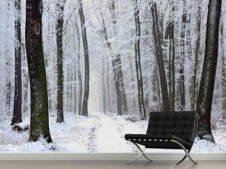 Winter Path Wallpaper, as seen on the wall of this living room, is a photo mural of snowy trees in a winter forest from About Murals.