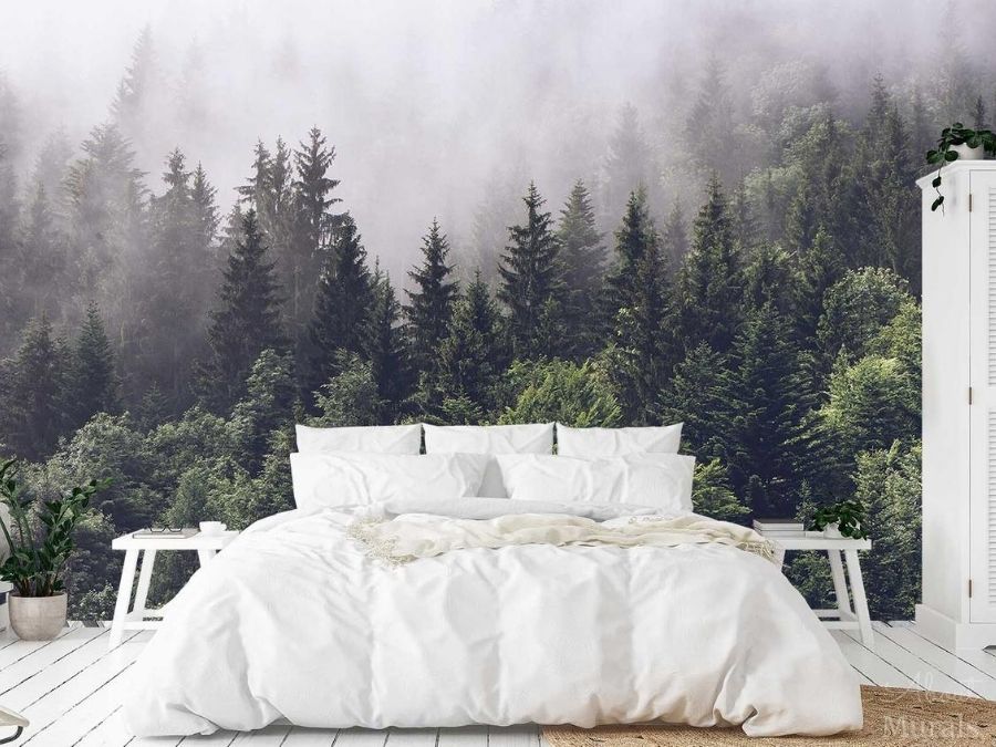 Eco Wallpaper and Non-Toxic Wallpaper, like this foggy forest wallpaper, contains no PVC, VOCs, phthalates, lead, fungicides or fire retardants from About Murals.