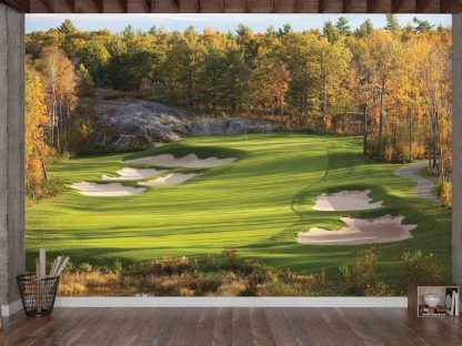 Fall Golf Wallpaper, as seen on the wall of this room, is a photo mural of a golf course against autumn trees from About Murals.
