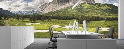 Golf Course Wallpaper, as seen on the wall of this office, is a photo mural of Mt Kidd at Kananaskis Golf Course in Alberta, Canada from About Murals.