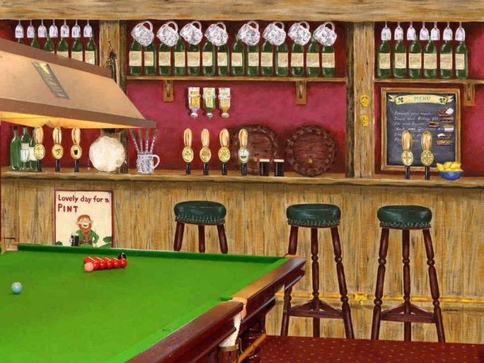 Bar Wallpaper, as seen on the wall of this pool hall, is a mural of stools at an Irish pub with beer and whisky from About Murals.