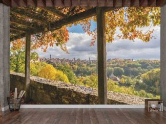 Bavaria Wallpaper, as seen on the wall of this room, is a photo mural of a view of Rothenburg, Bavaria is the autumn from About Murals.