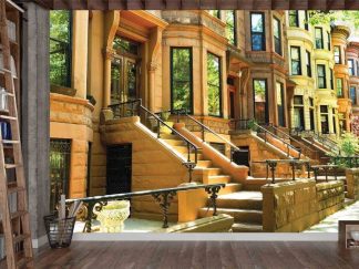 Brownstone Wallpaper, as seen on the wall of this office, is a photo mural of the famous brownstone row houses in Brooklyn New York from About Murals.
