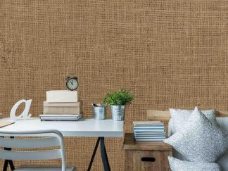 Burlap Wallpaper, as seen on the wall of this office, is a high resolution photo mural of a tan coloured hessian cloth from About Murals.