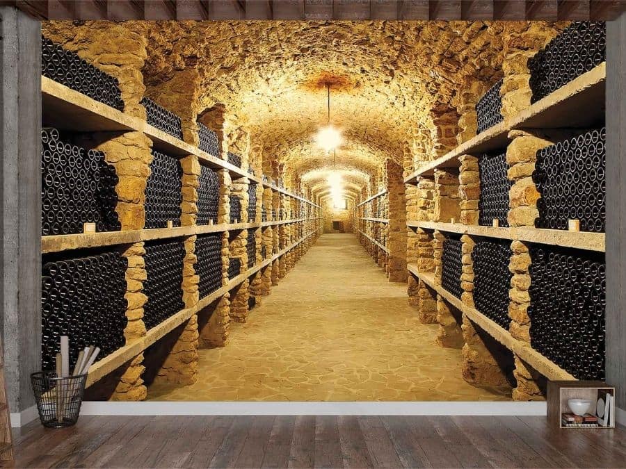 Cellar Wallpaper, as seen on the wall of this winery office, is a photo mural of a hallway lined with wine bottles on wine racks from About Murals.