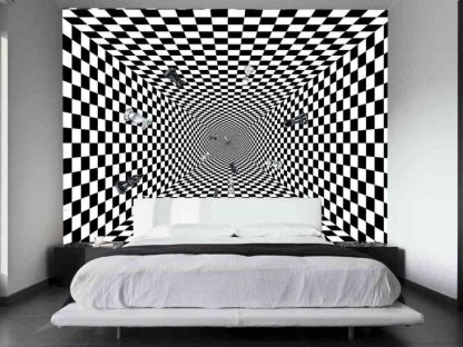 Chess Wallpaper, as seen on the wall of this bedroom, is a mural of a black and white checker board in an infinite vortex design peppered with game pieces like the pawn, bishop, knight, rook, king and queen from About Murals.
