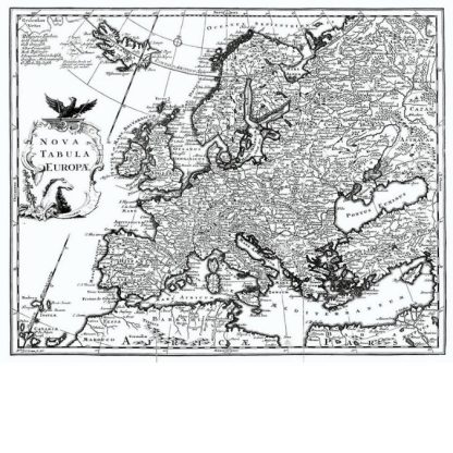 European Map Wallpaper is a black and white mural created from an antique engraving in Latin from About Murals.