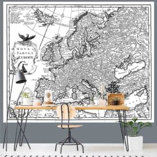 European Map Wallpaper, as seen on the wall of this office, is a vintage mural created from an 18th century engraving of an antique map of Europe from About Murals.