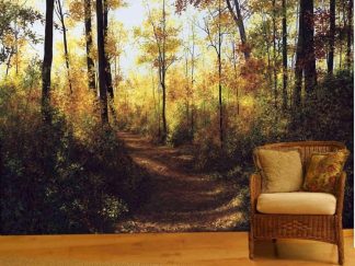 Fall Trees Wallpaper, as seen on the wall of this living room, is a mural of a path winding through painted trees in an autumn forest from About Murals.