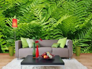 Fern Wallpaper, as seen on the wall of this living room, is a photo mural of large green leaves from About Murals.