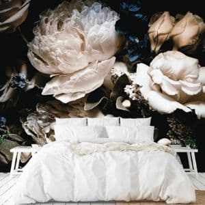 Shop wall murals, like this flower wallpaper in a bedroom, from About Murals.