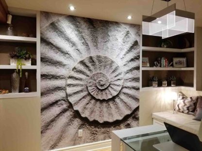 Fossil Wallpaper, as seen on the wall of this wine room, is a photo mural of a nautical themed seashell in a beige colour from About Murals.