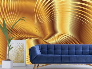 Gold Wave Wallpaper, as seen on the wall of this living room, is a mural of an elegant abstract swirl from About Murals.
