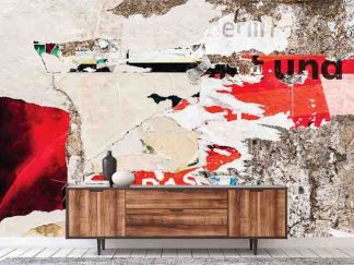 Graffiti Print Wallpaper, as seen on the wall of this living room, is a photo mural of red ripped posters from Berlin, Germany on a decaying concrete wall from About Murals.