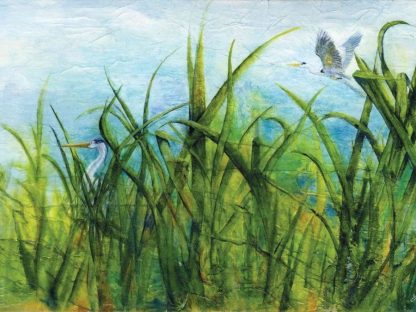 Heron Wallpaper is a wall mural with two blue birds in tall green reeds from About Murals.