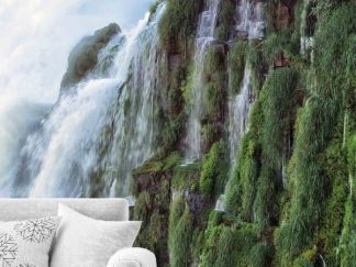 Iguazu Falls Wallpaper, as seen on the wall of this living room, is a photo mural of white water gushing over moss covered rock in Argentina from About Murals.