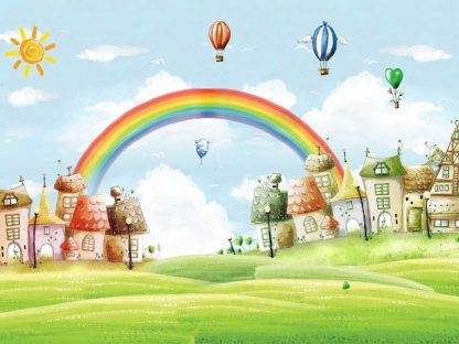 Kids Rainbow Wallpaper is a wall mural of an arch over a cute village from About Murals.