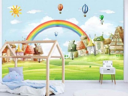 Kids Rainbow Wallpaper, as seen in this bedroom, is a mural with a colorful rainbow over a village with hot air balloons from About Murals.
