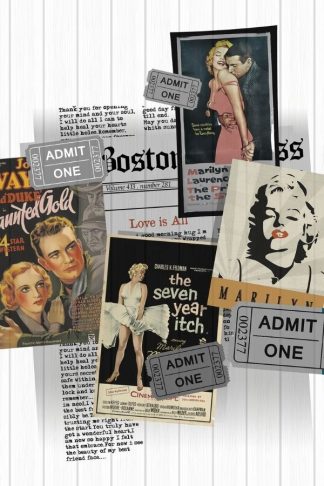 Marilyn Monroe Collage Wallpaper is a wall mural of Hollywood movie posters from Norma Jean's flicks like The Seven Year Itch and The Prince and the Showgirl from About Murals.