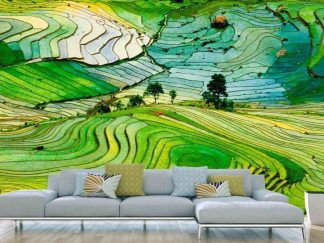 Rice Field Wallpaper, as seen on the wall of this living room, is a photo mural of green and yellow terraced rice fields in the Sapa region of Lao Cai in Vietnam. Murals from About Murals.