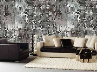 Sequins Wallpaper, as seen on the wall of this living room, is a mural with different saturations of grey creating a silver sparkle effect from About Murals.