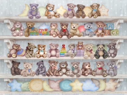 Teddy Bears Wallpaper is a kids wall mural with toys like stuffed bears, ABC letter blocks, a stacking ring, ball and train on a shelf from About Murals.