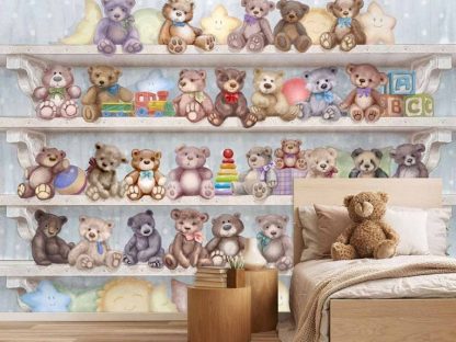 Teddy Bears Wallpaper, as seen on the wall of this bedroom, is a kids mural featuring thirty stuffed bears sitting on four shelves from About Murals.