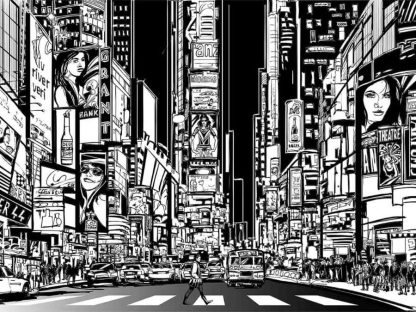 Times Square Night Wallpaper is a black and white mural of digitally illustrated buildings, people and cabs in NYC from About Murals.