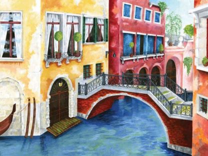 Venice Painting Wallpaper is a wall mural of the romantic city with a gondola, canal, bridge and architecture from About Murals.