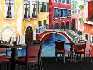 Venice Painting Wallpaper, as seen on the wall of this restaurant, is a mural of an arch bridge over a canal surrounded by beautiful architecture in Italy from About Murals.
