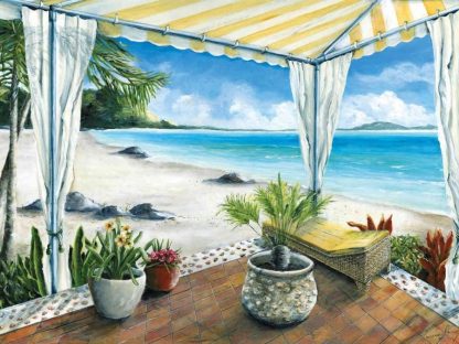 Watercolor Beach Wallpaper is a wall mural of an ocean view from under a white and yellow sun shelter from About Murals.