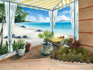 Watercolor Beach Wallpaper, as seen in this indoor garden room, is a mural of a lounge chair under a sun shelter overlooking a white tropical beach from About Murals.