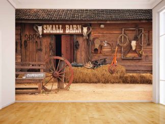 Wild West Wallpaper, as seen on the wall of this room, is a photo mural of a wooden small barn with a wagon wheel, bales of hay and horse equipment from About Murals.
