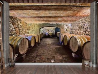Wine Cellar Wallpaper, as seen on the wall of this restaurant office, is a photo mural of barrels in an Italian cellar from About Murals.