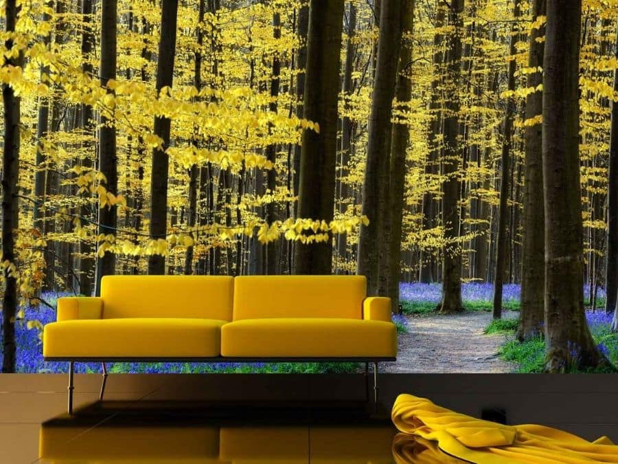Flower Forest Wallpaper, as seen on the wall of this living room, is a photo mural of yellow trees over bluebell flowers from About Murals.
