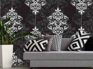 Black Damask Wallpaper, as seen on the wall of this living room, is a luxury mural with a white damask pattern on a dark background from About Murals.