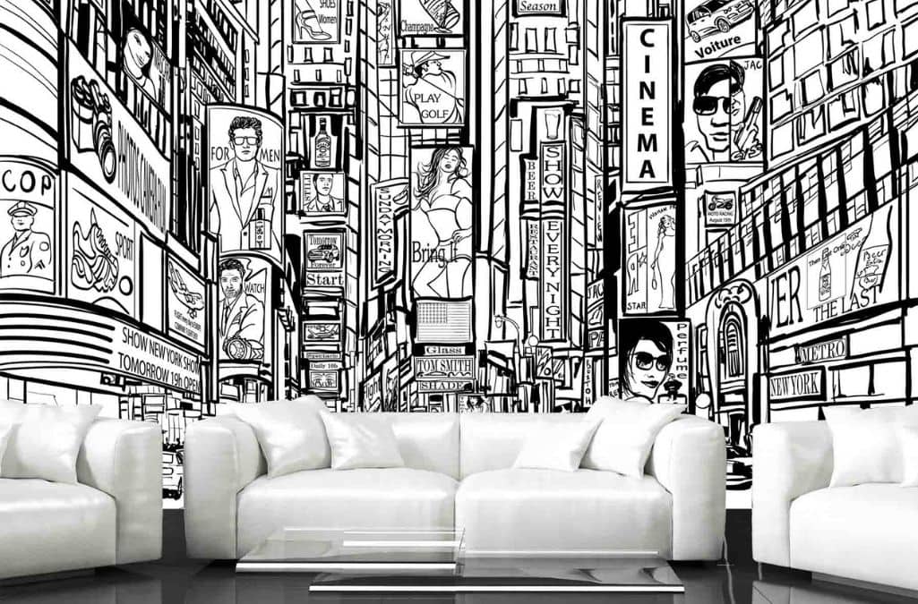 Black and White Times Square Wallpaper, as seen on the wall of this living room, is a wall mural with drawn buildings, billboards, people and taxi cabs in New York City from About Murals.