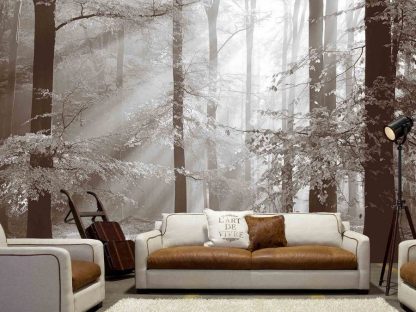 Brown Autumn Wallpaper, as seen on the wall of this living room, is a photo mural of sunbeams shining through trees in an autumn forest from About Murals.