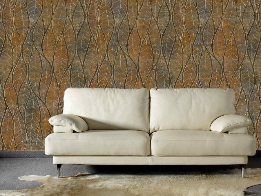 Brown Leaf Wallpaper, as seen on the wall of this living room, is a mural with a curvy leaf pattern full of texture from About Murals.