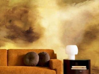 Brown Watercolor Wallpaper, as seen on the wall of this living room, is an abstract art mural in brown, beige and yellow colours from About Murals.