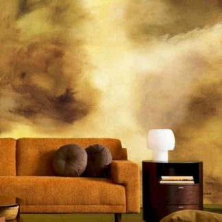 Brown Watercolor Wallpaper, as seen on the wall of this living room, is an abstract art mural in brown, beige and yellow colours from About Murals.